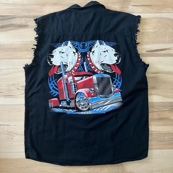 Coast Mens Fringe Vest Pitbull‎ Dog Motorcycle Button Down Sleeveless Black XL - Picture 7 of 8